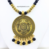 Black And Antique Beads With Antique Round Pendant Necklace