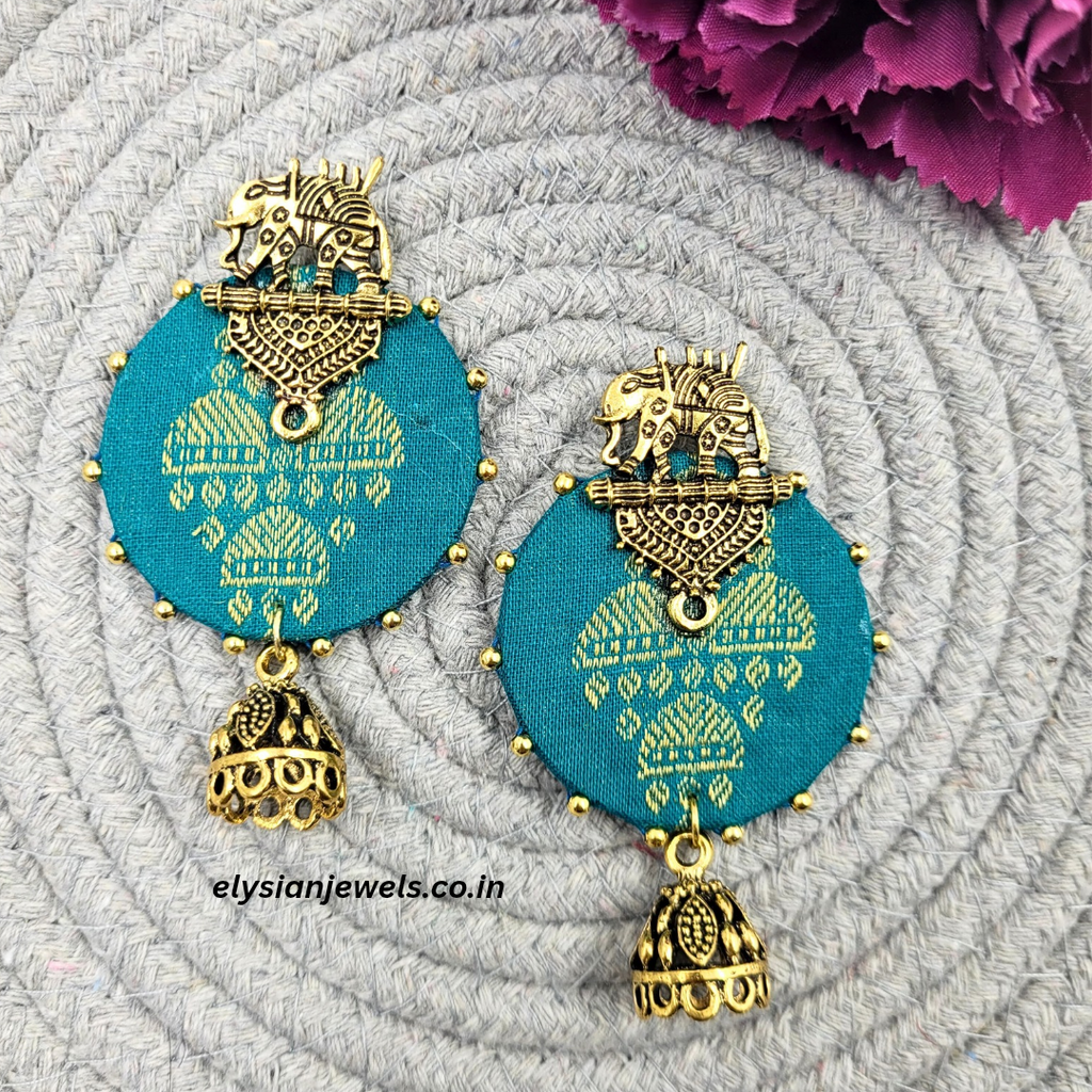 Elephant Design Studs And Antique Jhumka With Teal Blue Febric Earring