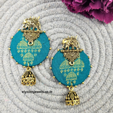 Elephant Design Studs And Antique Jhumka With Teal Blue Febric Earring