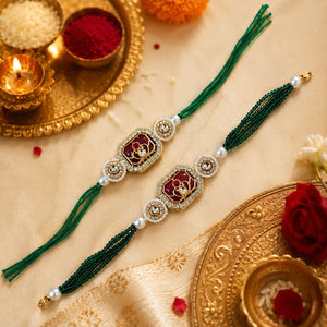 Green Thread, Pearl With Beautiful Kundan Bhaiya Bhabhi Rakhi