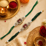 Green Thread, Pearl With Beautiful Kundan Bhaiya Bhabhi Rakhi