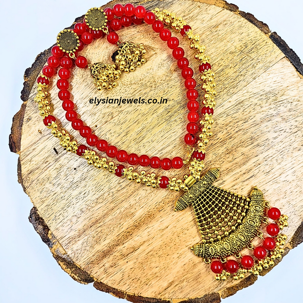 Red Beads, CCB Golden Beads With Antique Pendant Necklace