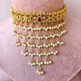 Maroon A D Kundan And Golden Moti Marathi Necklace