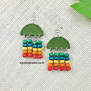 Multicolour Wooden Beads With Green Semi Circle Shape Fabric Earring