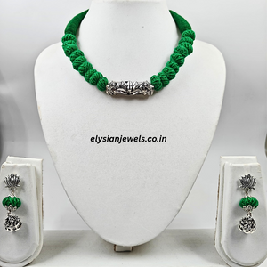 Green Cotton Beads With Lotus Design Round Pendant Oxidized Necklace