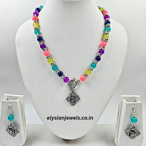 Beads & Silver Beads With Rose Charm Oxidized Necklace