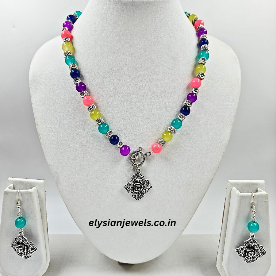 Multicolor Beads & Silver Beads With Rose Charm Oxidized Necklace