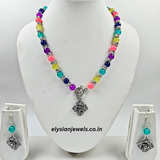 Multicolor Beads & Silver Beads With Rose Charm Oxidized Necklace