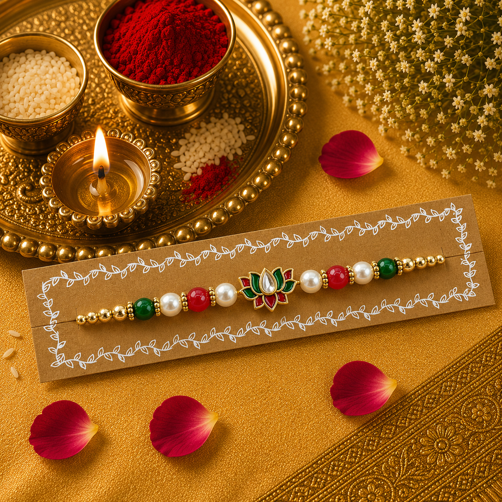 Thread, Pearl Red And Green Beads With Meenakari Lotus Kundan Rakhi