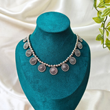 Silver Beads With 11 Silver Flower Charms Oxidized Necklace