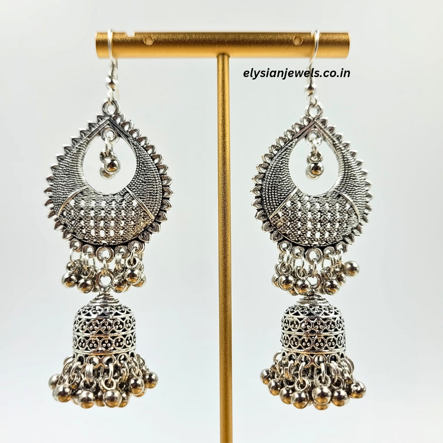 CCB Silver Ghungroo Oval Oxidized Jhumka Earring