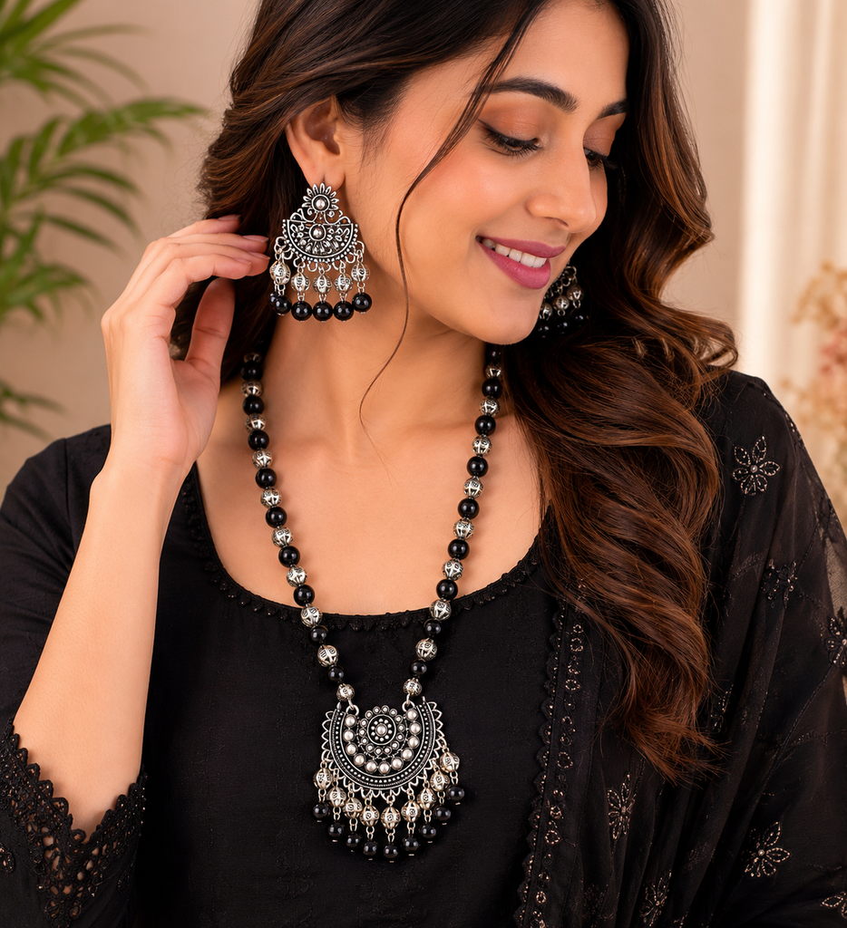 8mm Black Beads And Oxidized Beads With Oxidized Pendant Necklace