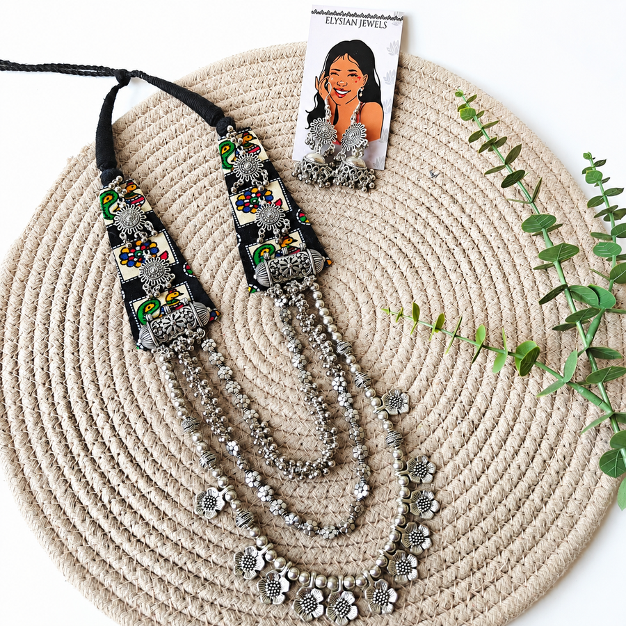 Black Printed Fabric, Oxidized Charms, Oxidized Beads, Silver CCB Ghunghroo With Oxidized Tabij Pendant Necklace