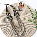 Black Printed Fabric, Oxidized Charms, Oxidized Beads, Silver CCB Ghunghroo With Oxidized Tabij Pendant Necklace