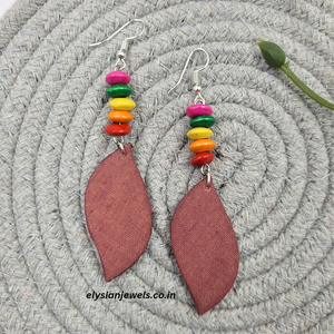 Multicolour Wooden Beads With Pink Purple Wave Shape Fabric Earring