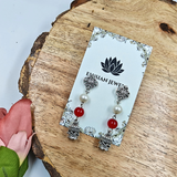 White Pearl & Red Beads With Oxidized Charms Necklace