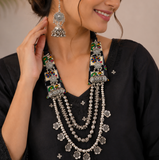 Black Printed Fabric, Oxidized Charms, Oxidized Beads, Silver CCB Ghunghroo With Oxidized Tabij Pendant Necklace