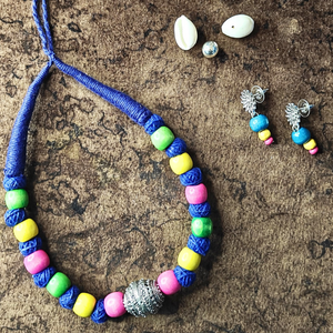 Cotton Thread Beads & Multicolour Wooden Beads With Oxidized Beads Necklace