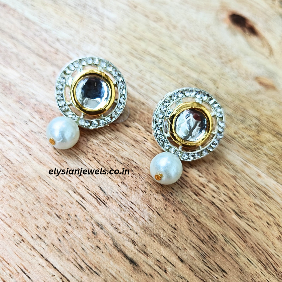 6mm & 10mm White Pearl Beads Necklace With AD Kundan Earring