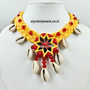 Cowrie, Red And Yellow Mirror Embroidery With Yellow Binuni Dori Necklace