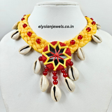 Cowrie, Red And Yellow Mirror Embroidery With Yellow Binuni Dori Necklace