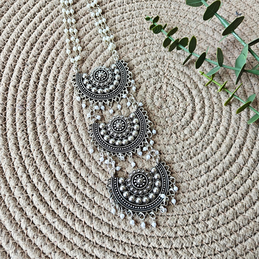3 layer Ganthan Mala With 3 Oxidized Pendant Necklace