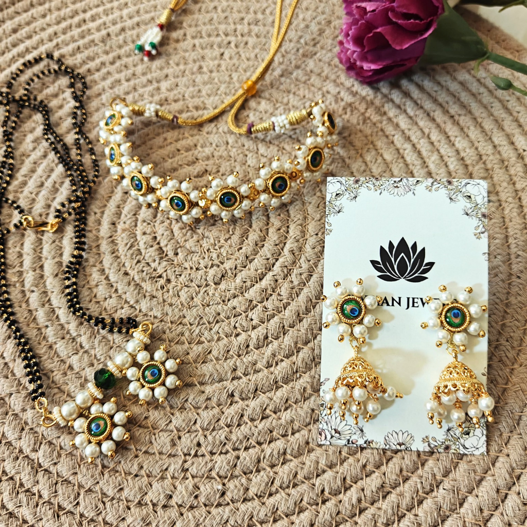 Pearl Beads With Peacock Kundan Flower Necklace set