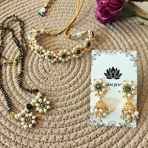 Pearl Beads With Peacock Kundan Flower Necklace set