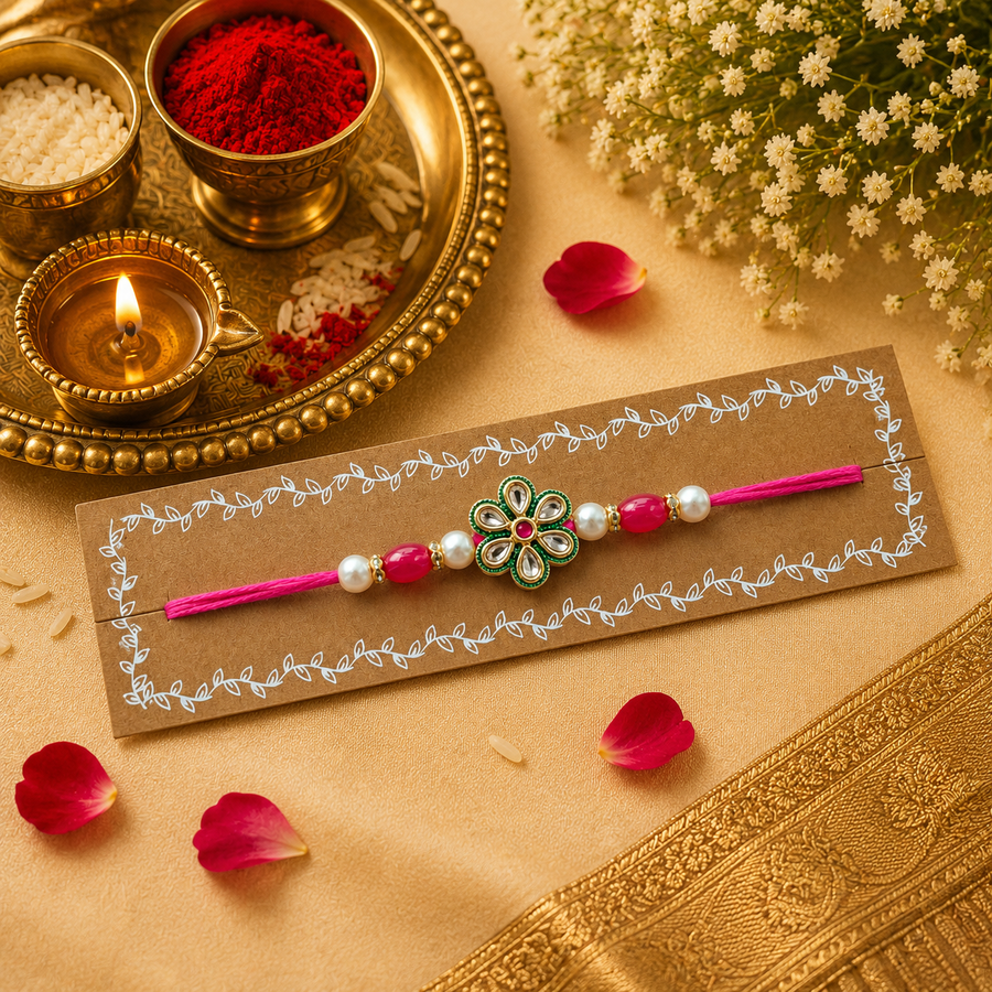 Rani Pink Thread, Pearl And Rani Pink Beads With Green Flower Shape Kundan Rakhi