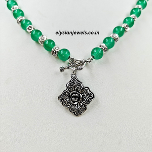 Light Green Beads & Silver Beads With Rose Charm Oxidized Necklace