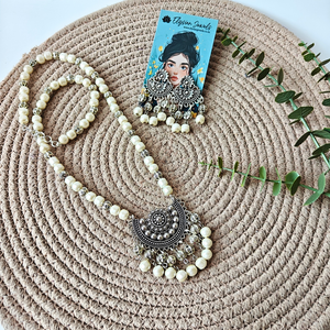 8mm Pearl Beads And Oxidized Beads With Oxidized Pendant Necklace