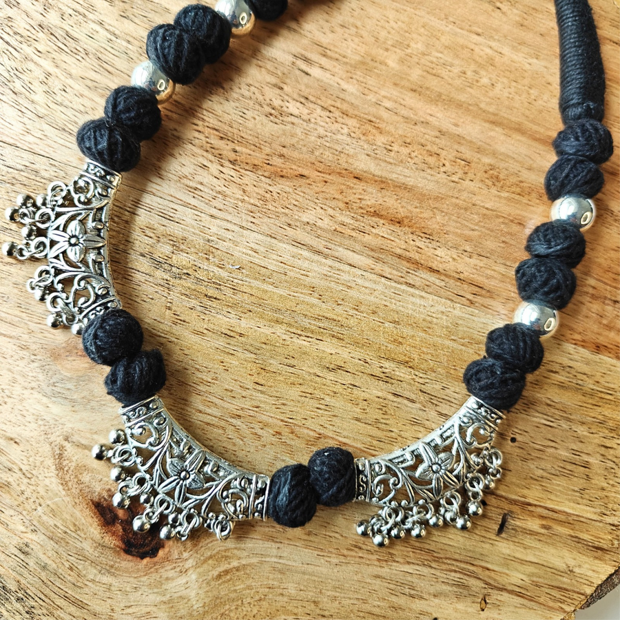Black cotton Beads With Three Oxidized Pendant Necklace