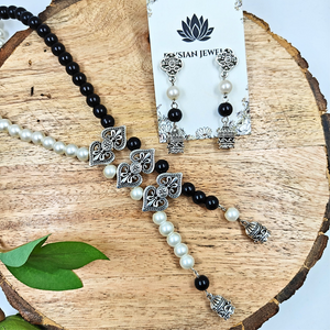 White Pearl & Black Beads With Oxidized Charms Necklace