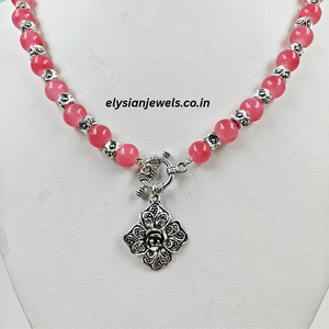 Pink Beads & Silver Beads With Rose Charm Oxidized Necklace