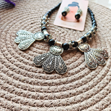 Black Beads With 3 Flower Shape Oxidized Pendant Necklace