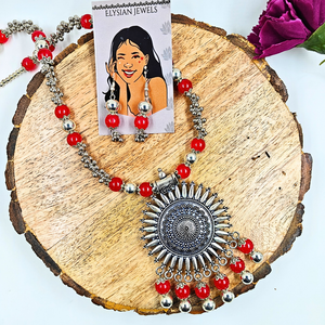 Red Colour 10mm Beads With Oxidized Pendant Necklace