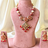 Red Meenakari Tumble Beads With Round Red Meenakari Kundan And Square Green, Red Meenakari Kundan Necklace
