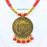 Red And Antique Beads With Antique Round Pendant Necklace