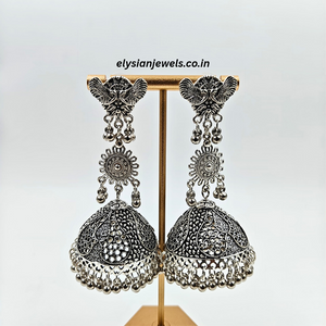 Two Bird Shape Stud And CCB Beads With Long Oxidized Jhumka Earring