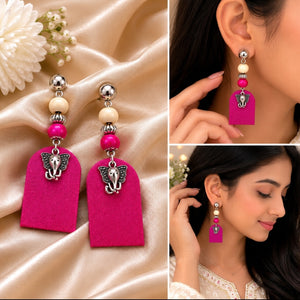 Elephant Charm, Wooden Beads With Pink Fabric Earring