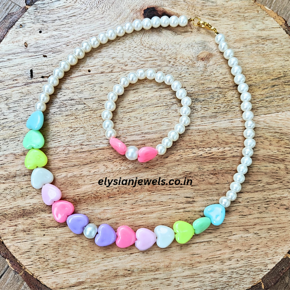 Multicolor Heart Shape Beads With Pearl Kids necklace