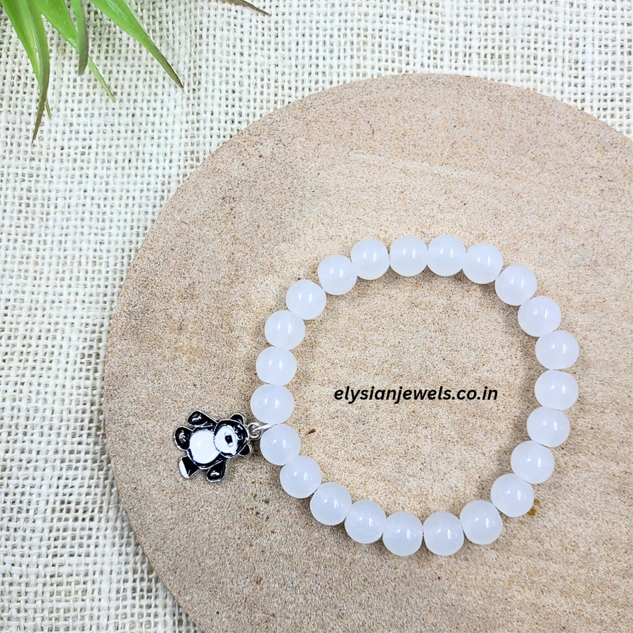 Black Cute Taddy Bear Charm With White Jelly Beads Bracelet