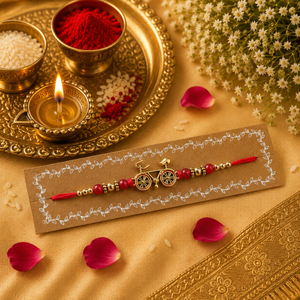 Red Thread, Golden And Red Beads With Cycle Charm Rakhi
