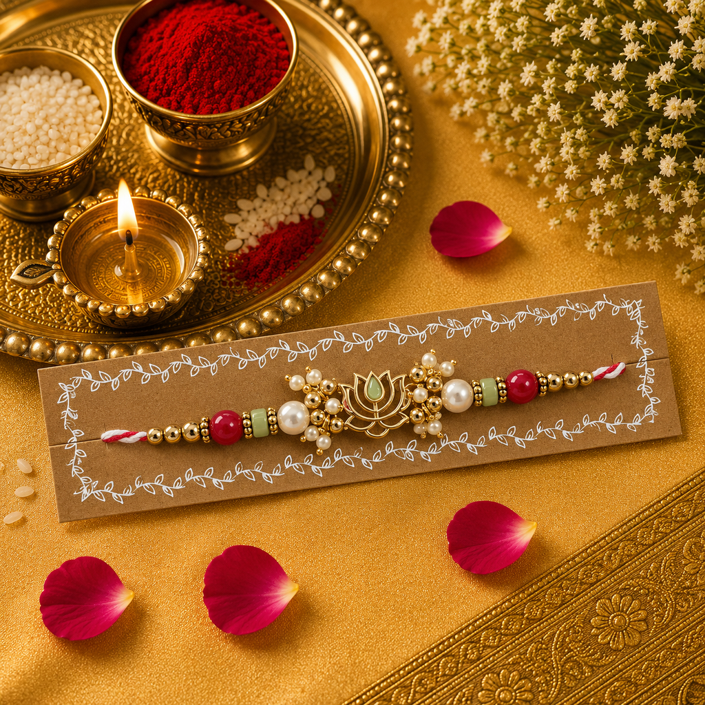 White And Red Thread, Pearl, Red Beads With Pastel Green Lotus Kundan Rakhi