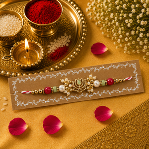 White And Red Thread, Pearl, Red Beads With Pastel Green Lotus Kundan Rakhi