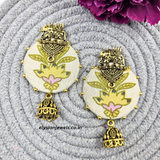 Elephant Design Studs And Antique Jhumka With Cream Colour Febric Earring