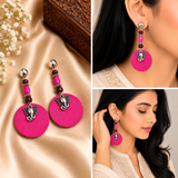 Elephant Charm, Wooden Beads With Round Pink Fabric Earring