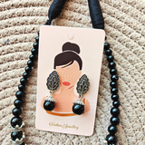 Black Beads With 3 Flower Shape Oxidized Pendant Necklace
