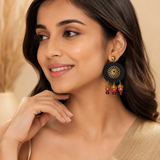 Antique Flower Charms And Antique, Wooden Beads With Fabric Earrings