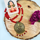 Red And White Pearl Beads With Peacock Antique Pendant Necklace